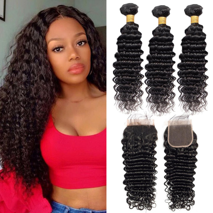 Brazilian 1B/27 Loose Deep Wave Hair 3 Bundles With Lace Closure